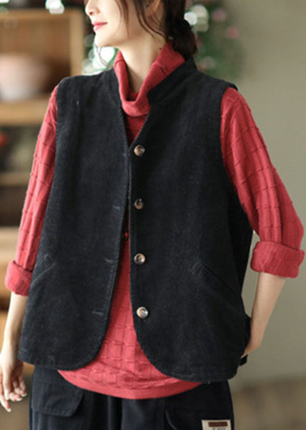 Black Corduroy Vest Tops Stand Collar Button Fall