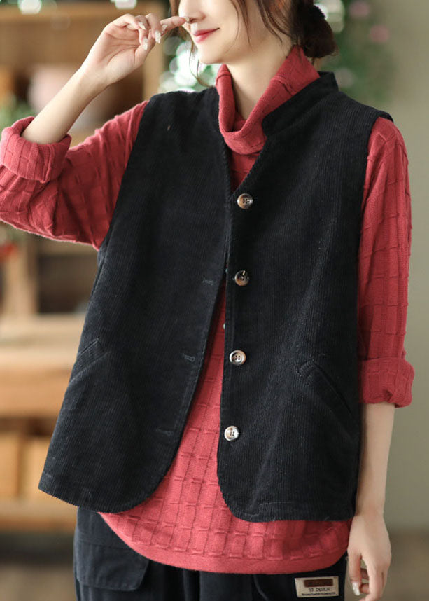 Black Corduroy Vest Tops Stand Collar Button Fall