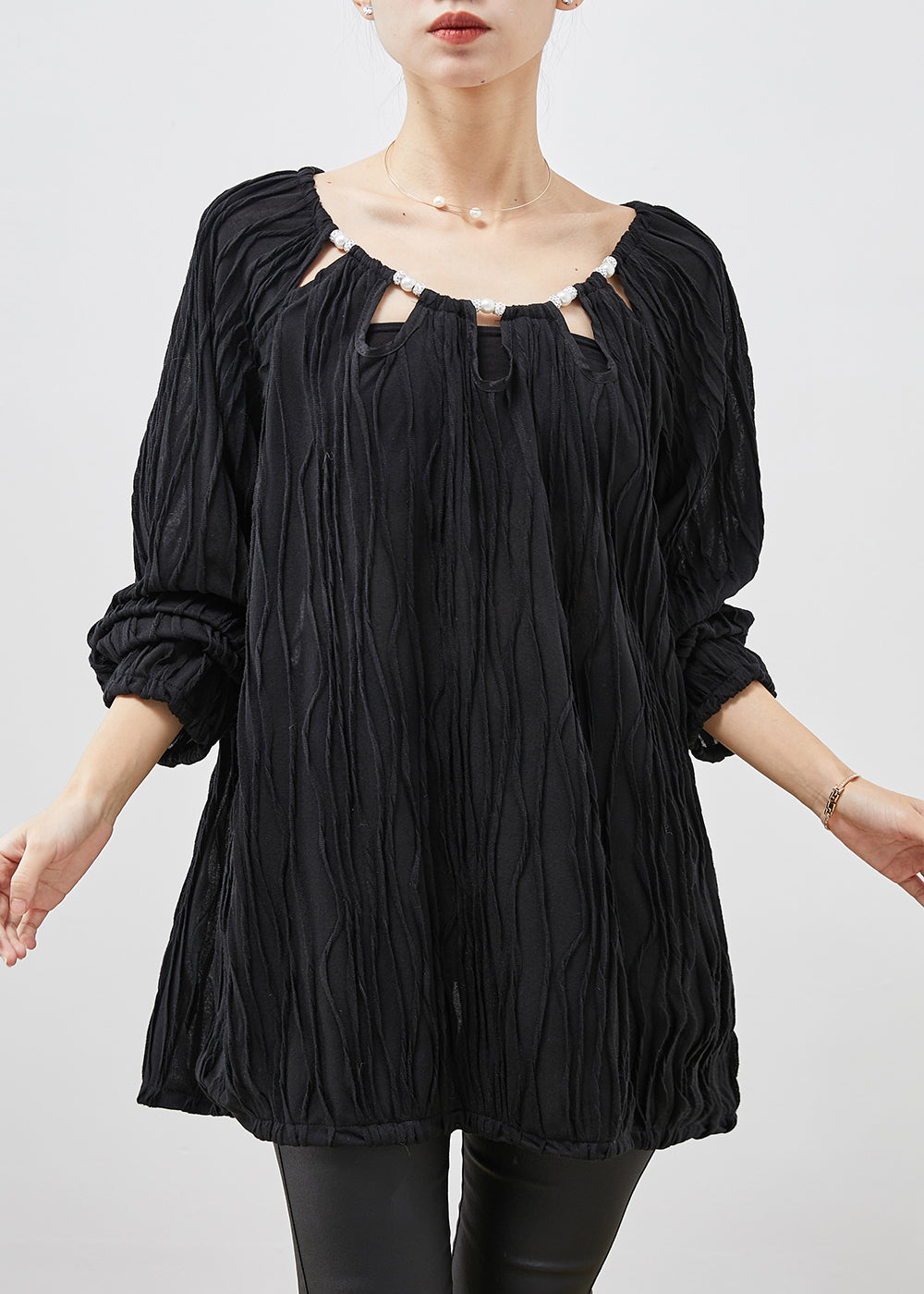 Black Cotton Blouse Tops Wrinkled Hollow Out Spring