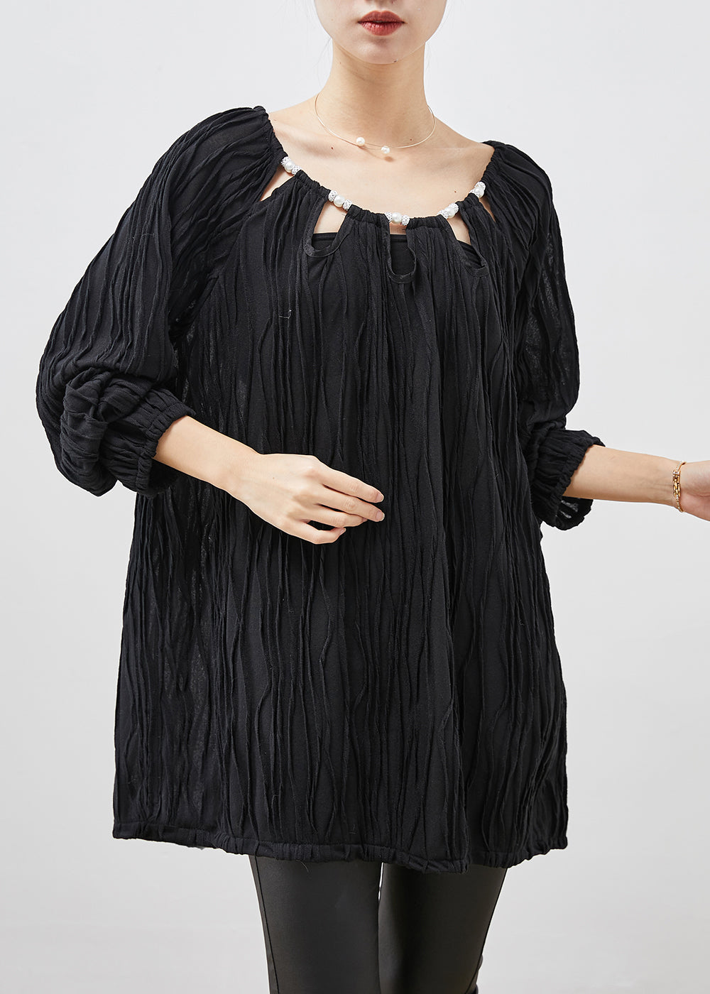 Black Cotton Blouse Tops Wrinkled Hollow Out Spring