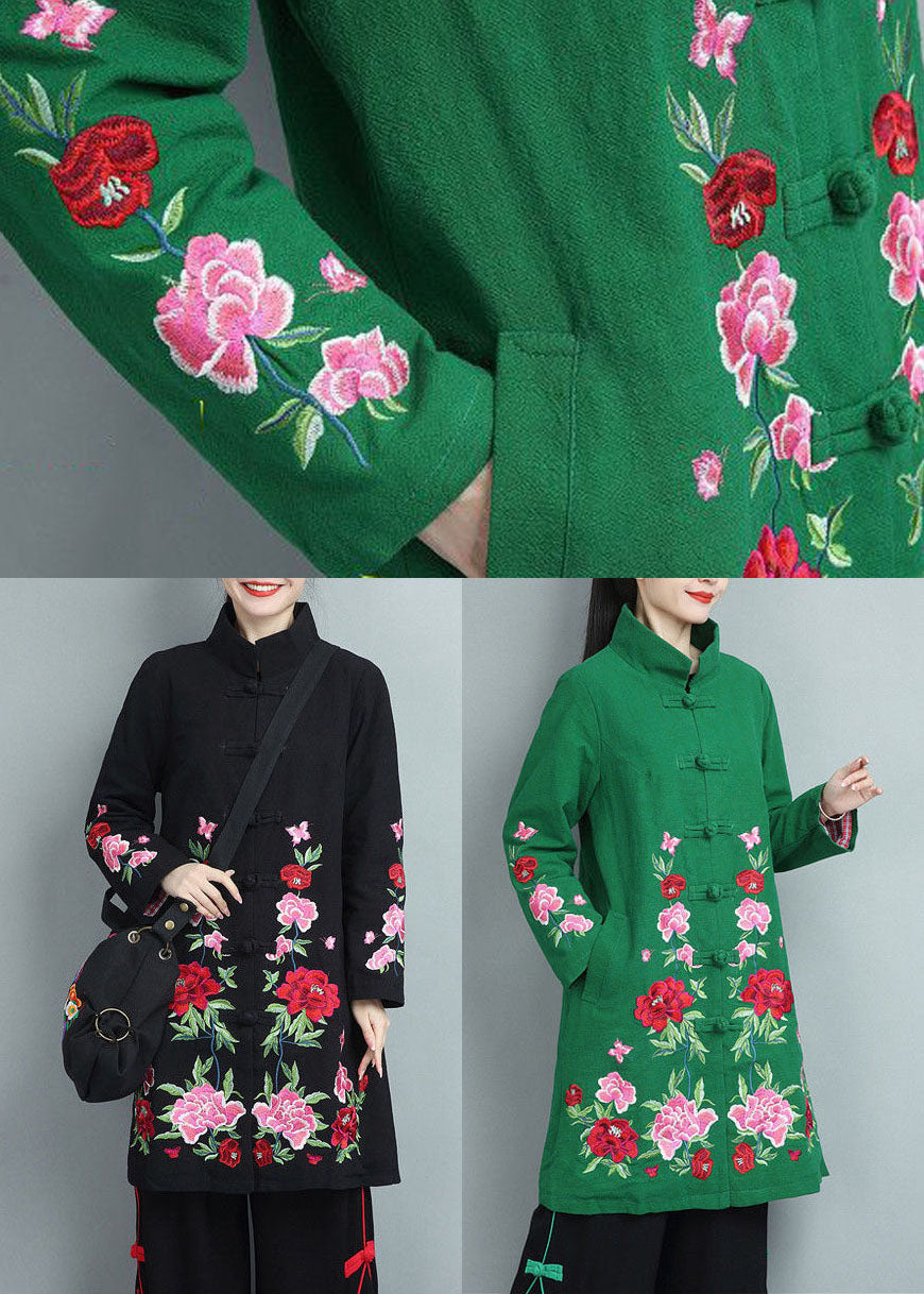 Black Cotton Coats Embroideried Oriental Button Fall