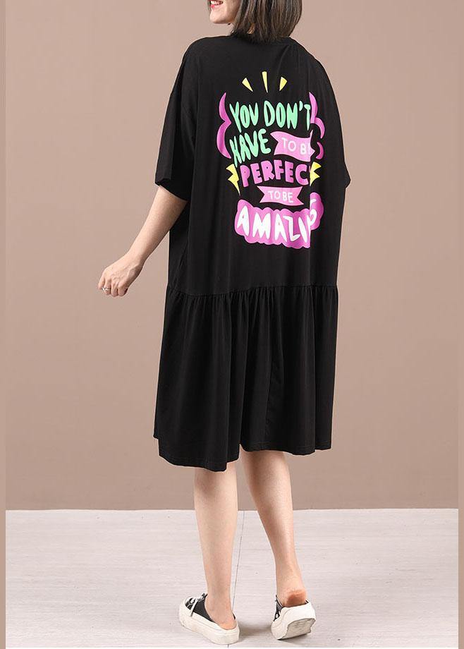 Black Cotton Patchwork Graphic Summer Dresses Half Sleeve - Omychic