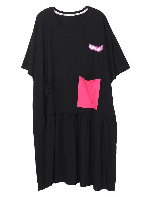 Black Cotton Patchwork Graphic Summer Dresses Half Sleeve - Omychic