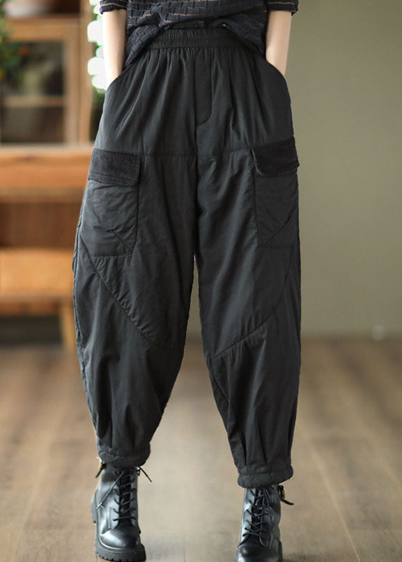 Black Elastic Waist Thick Fleece Pants Winter