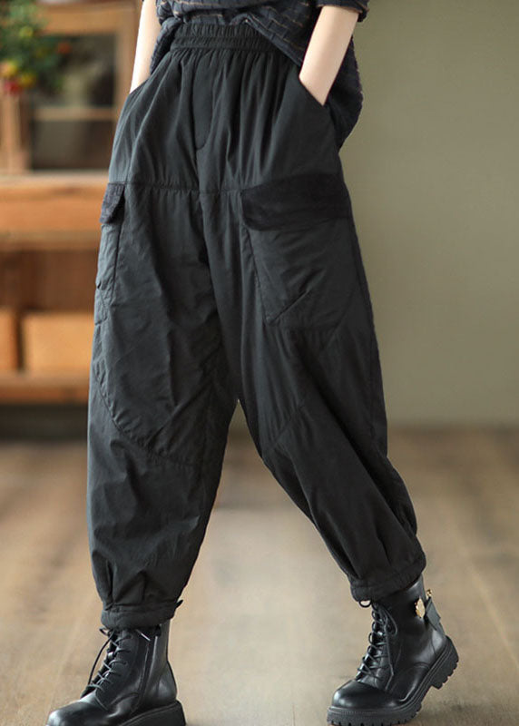 Black Elastic Waist Thick Fleece Pants Winter