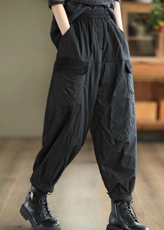 Black Elastic Waist Thick Fleece Pants Winter