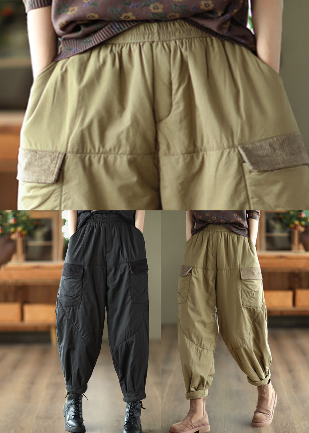 Black Elastic Waist Thick Fleece Pants Winter