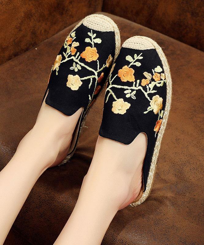 Black Embroidered Cotton Fabric Slippers Shoes