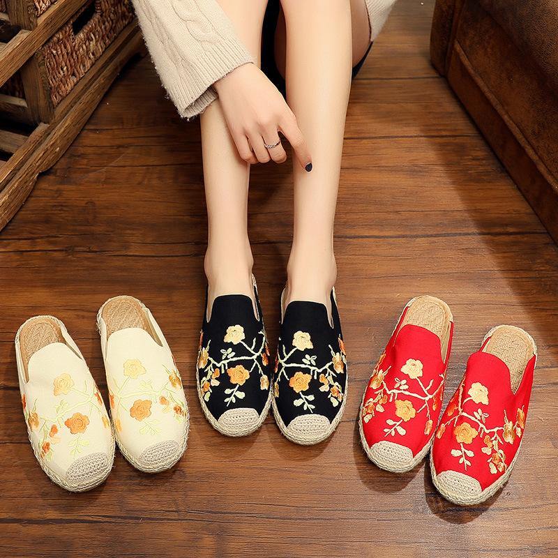 Black Embroidered Cotton Fabric Slippers Shoes