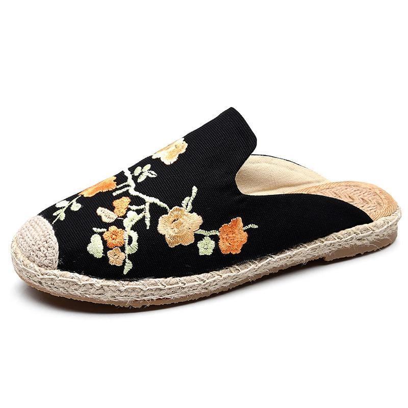 Black Embroidered Cotton Fabric Slippers Shoes