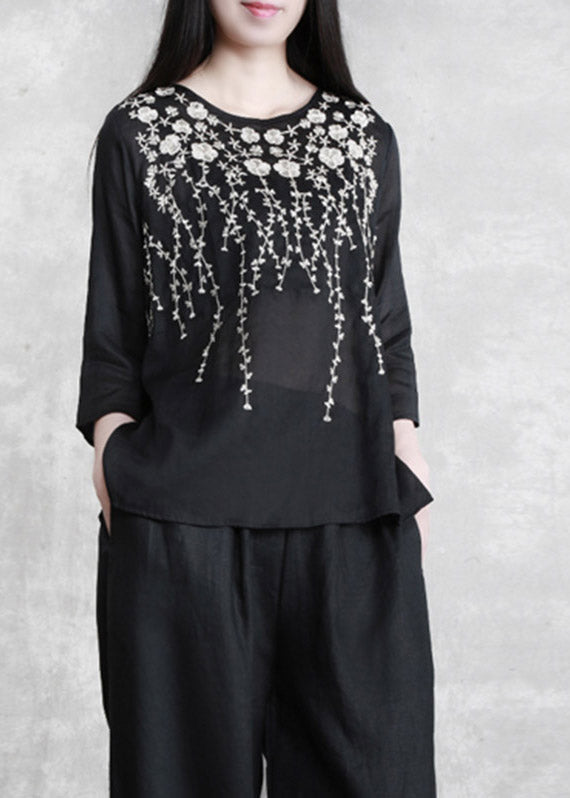 Black Embroideried Floral Linen Top Three Quarter Sleeve