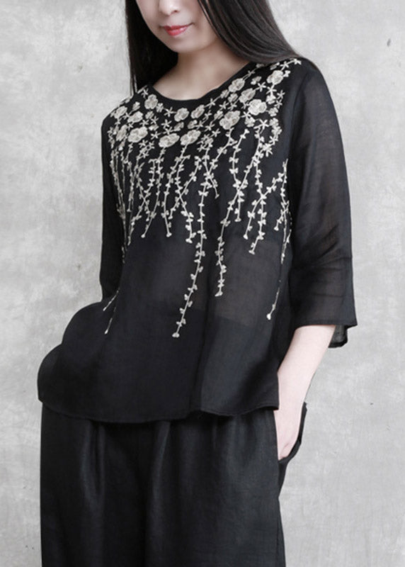 Black Embroideried Floral Linen Top Three Quarter Sleeve