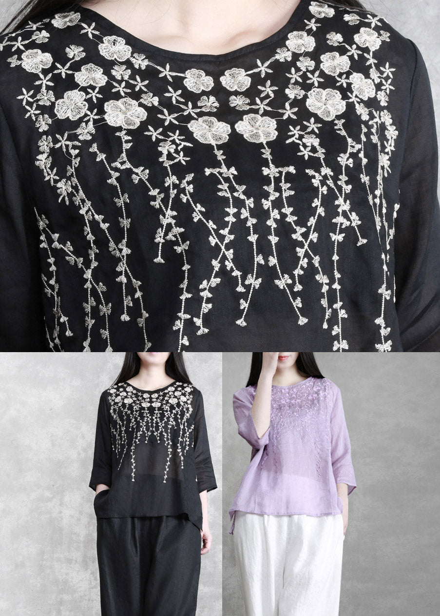 Black Embroideried Floral Linen Top Three Quarter Sleeve