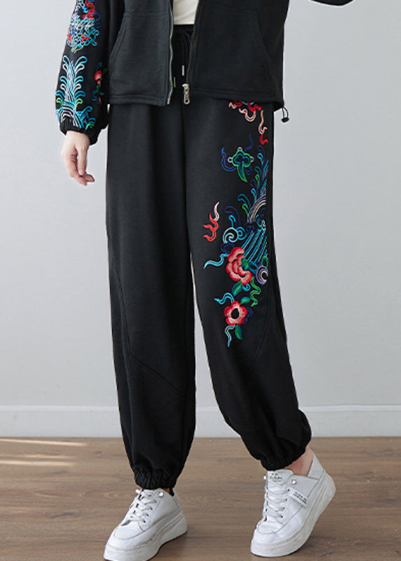 Black Embroideried Floral Pockets Elastic Waist Pants Fall