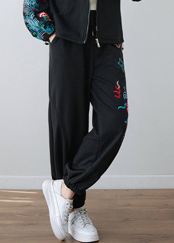 Black Embroideried Floral Pockets Elastic Waist Pants Fall