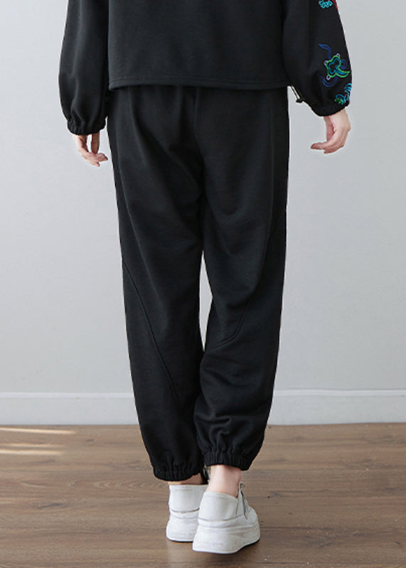 Black Embroideried Floral Pockets Elastic Waist Pants Fall