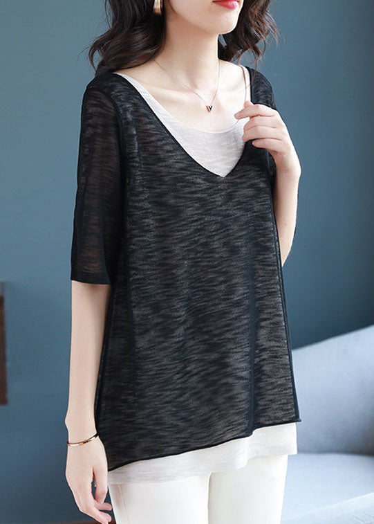 Black False Two Pieces Patchwork Knit Tops Hooded Short Sleeve