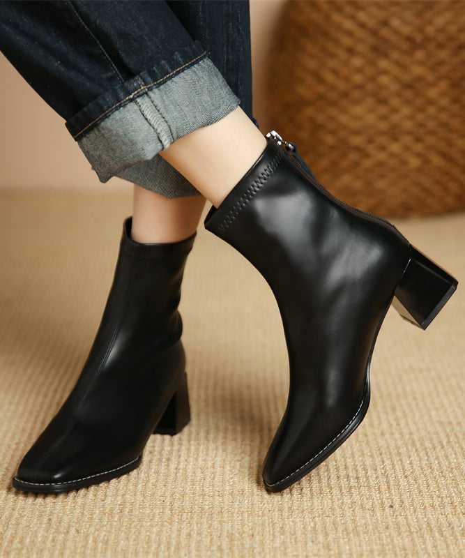 Black Fashion Faux Leather Chunky Heel Boots Splicing Zippered
