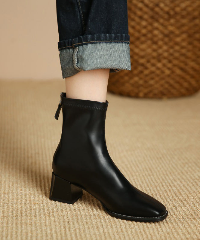 Black Fashion Faux Leather Chunky Heel Boots Splicing Zippered