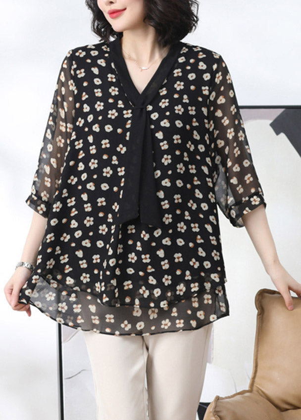 Black Floral Layered Shirt Tops Three Quarter sleeve