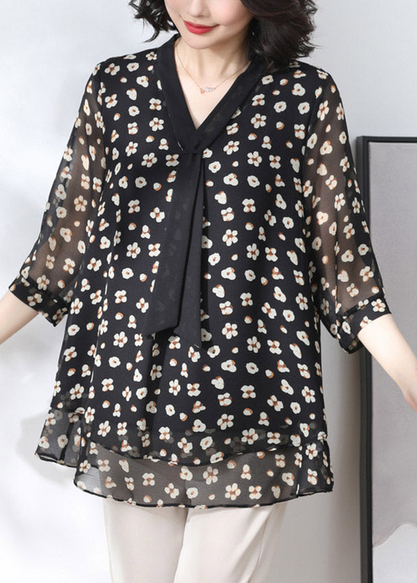 Black Floral Layered Shirt Tops Three Quarter sleeve