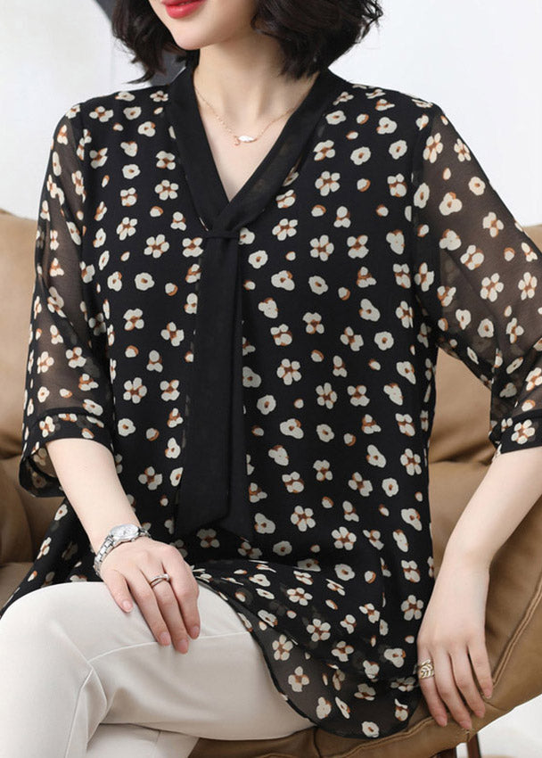 Black Floral Layered Shirt Tops Three Quarter sleeve