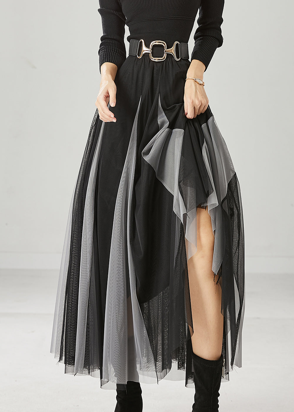 Black Grey Patchwork Tulle Holiday Skirts Wrinkled Spring