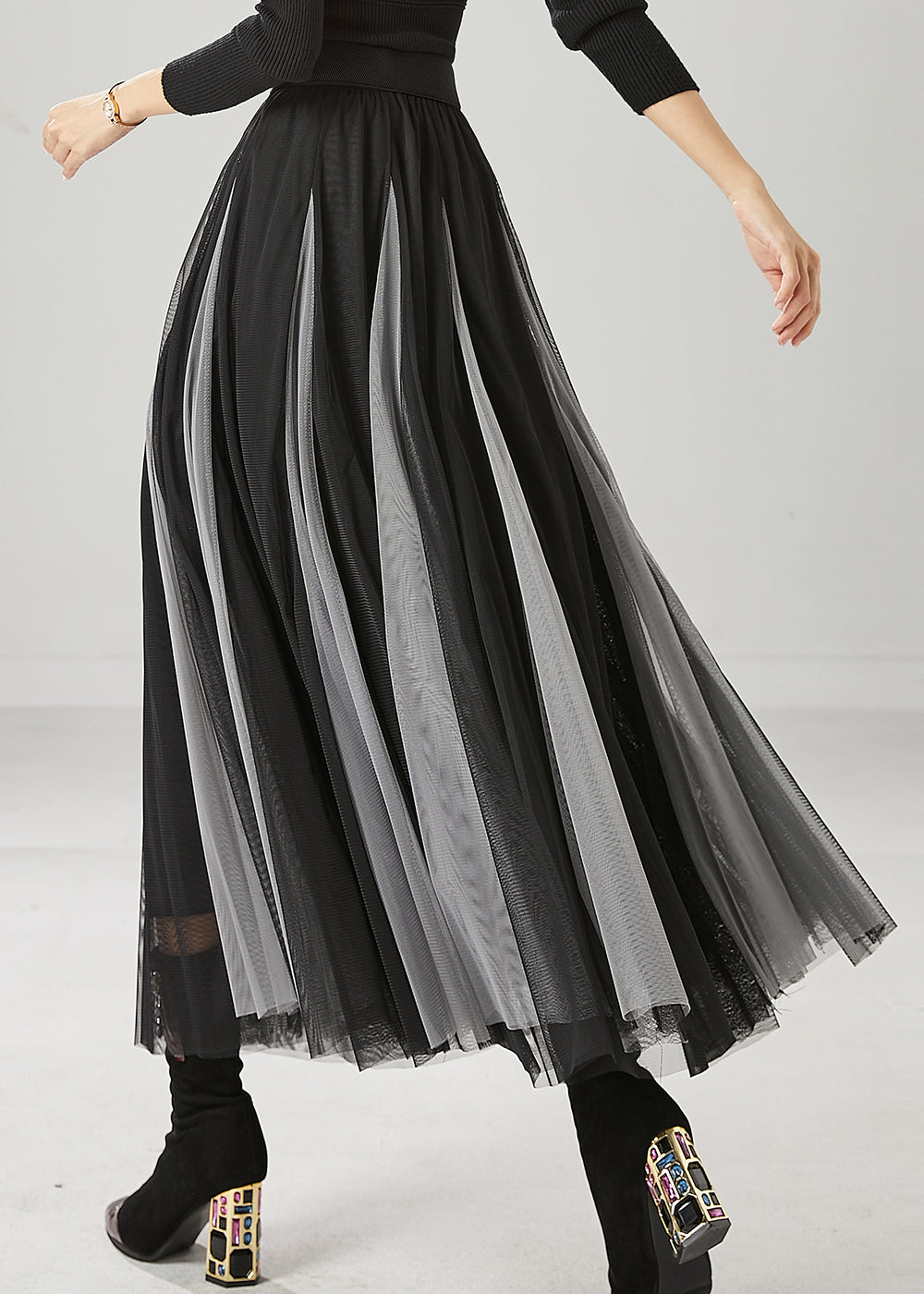 Black Grey Patchwork Tulle Holiday Skirts Wrinkled Spring