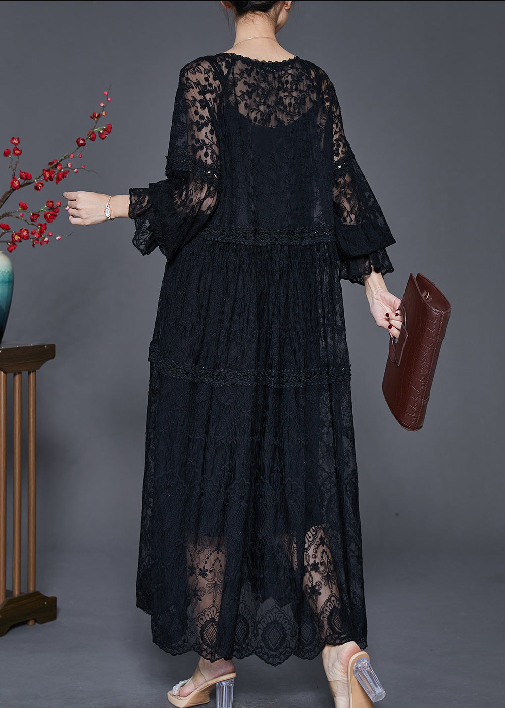 Black Hollow Out Lace Long Dress Two Pieces Set Embroidered Spring