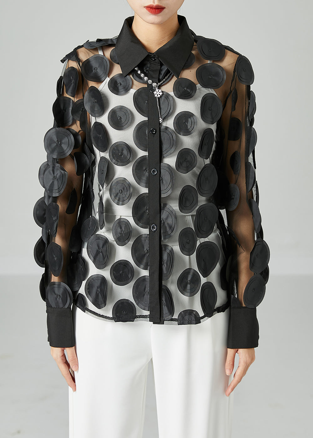 Black Hollow Out Tulle Blouse Tops Peter Pan Collar Summer - Omychic