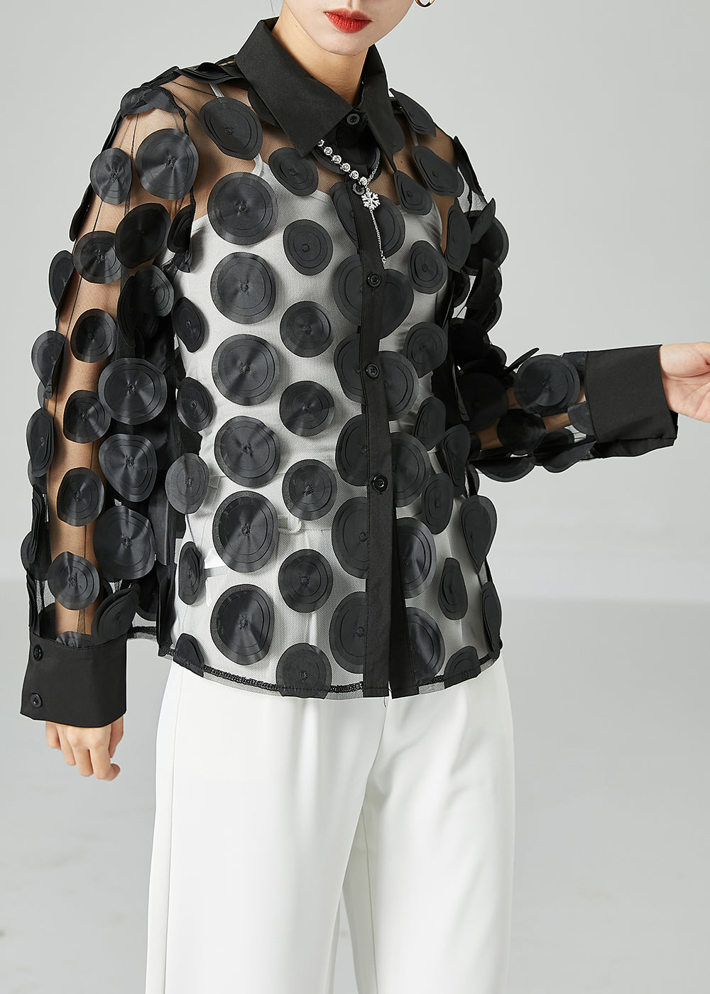 Black Hollow Out Tulle Blouse Tops Peter Pan Collar Summer - Omychic