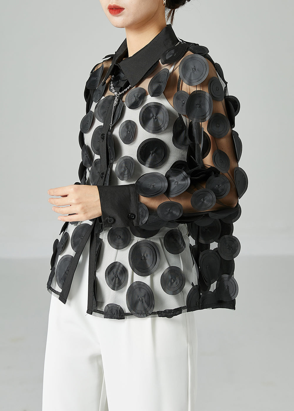 Black Hollow Out Tulle Blouse Tops Peter Pan Collar Summer - Omychic