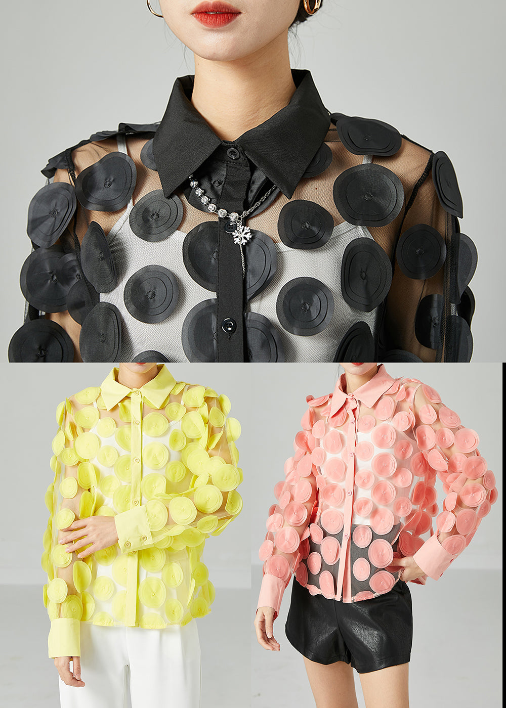 Black Hollow Out Tulle Blouse Tops Peter Pan Collar Summer - Omychic