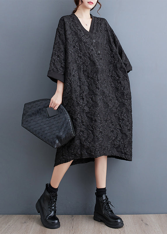 Black Jacquard Patchwork Plus Size Cotton Dress V Neck Fall
