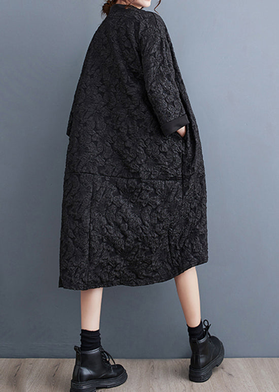 Black Jacquard Patchwork Plus Size Cotton Dress V Neck Fall