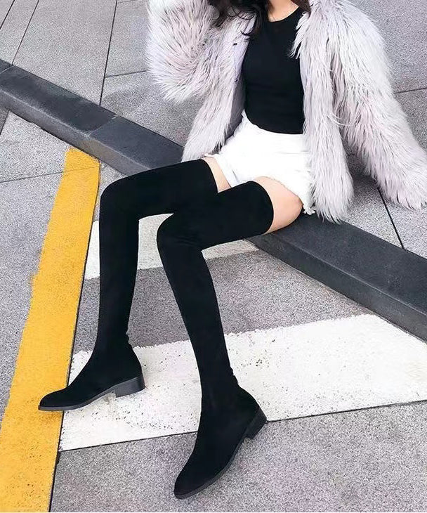 Black Knee Boots Chunky Suede Fashion Versatile