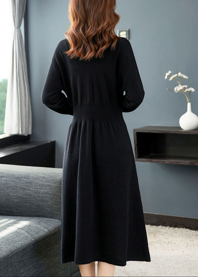 Black Knit Sweater Dress V Neck Nail Bead Exra Large Hem Winter