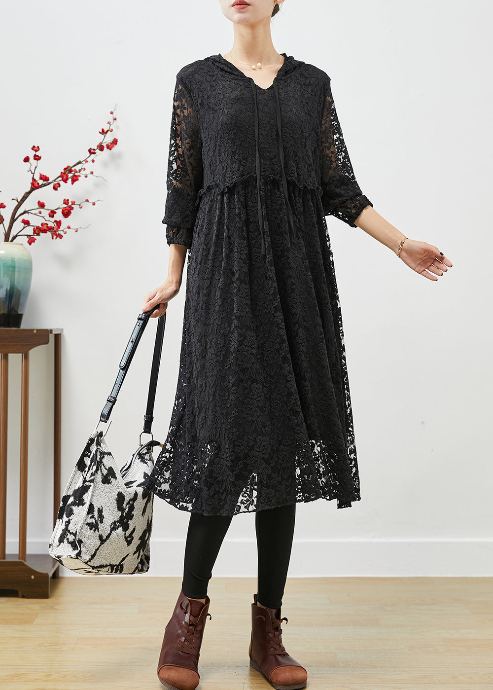 Black Lace Robe Dresses Hooded Exra Large Hem Fall