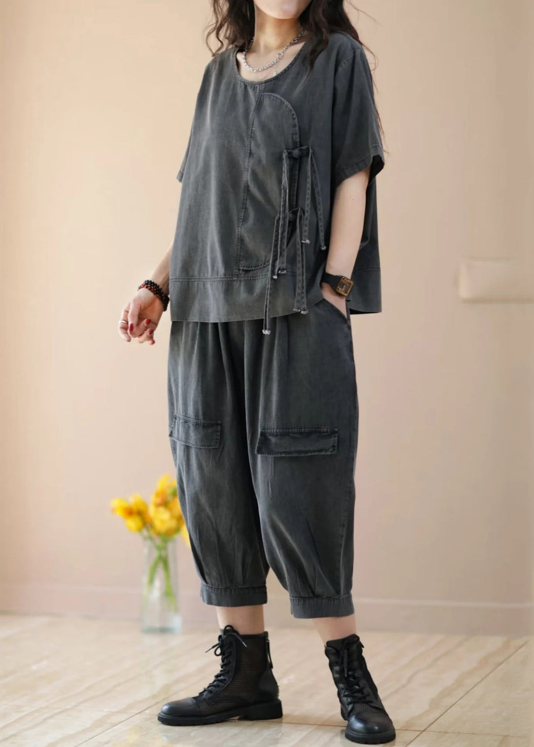 Black Lace Up Pockets Patchwork Denim Two Piece Suit Set Summer