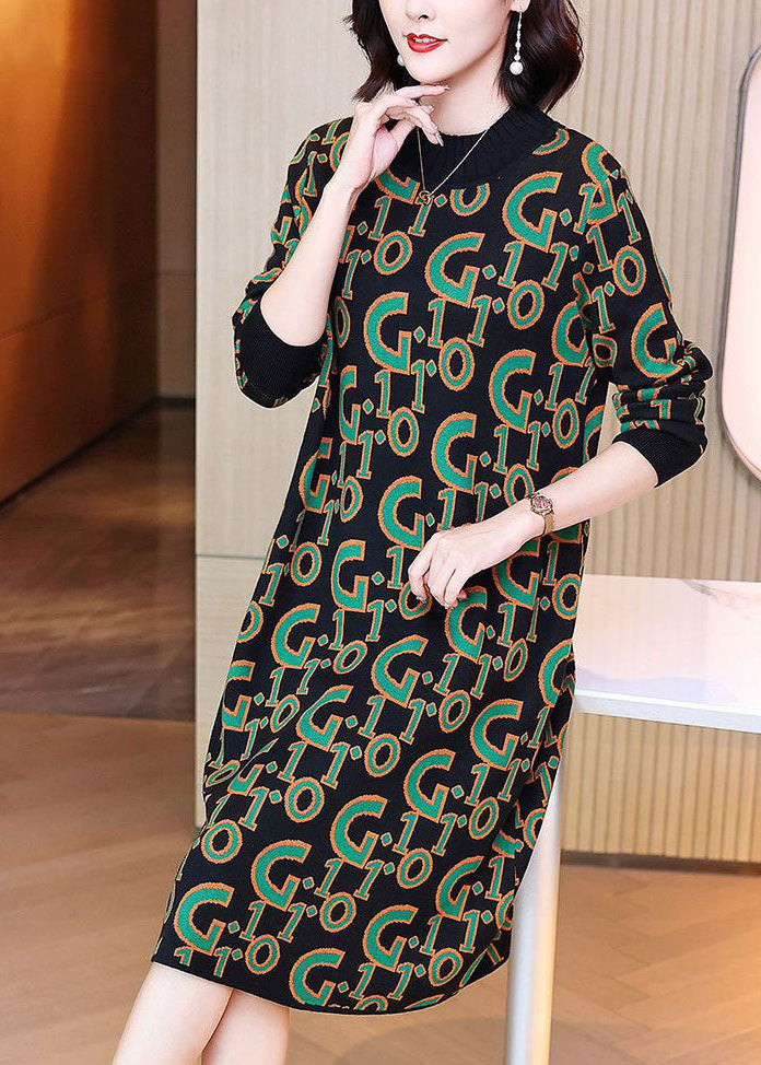 Black Letter Print Knit Long Knit Dress Oversized Long Sleeve