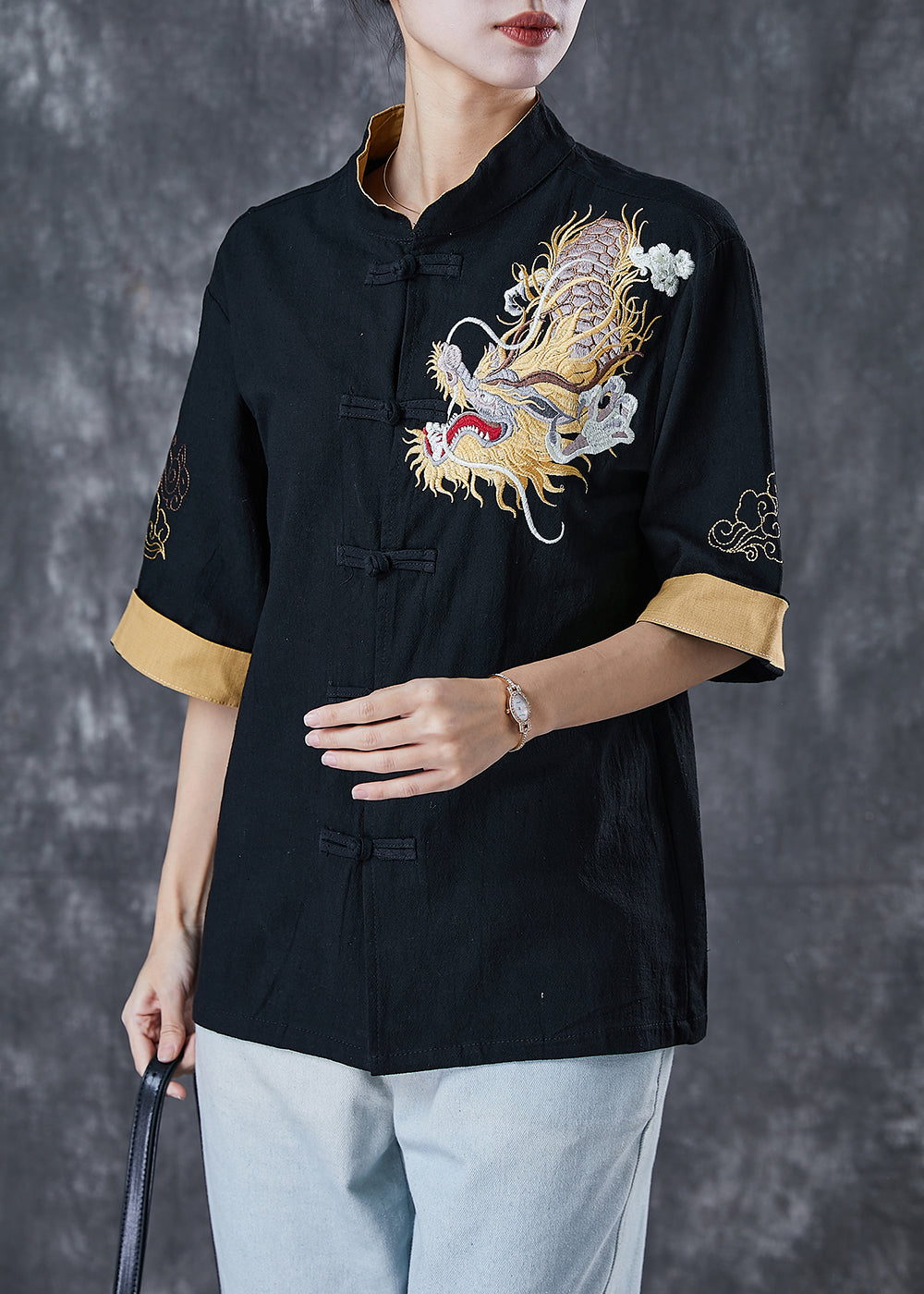 Black Linen Top Embroideried Chinese Button Short Sleeve