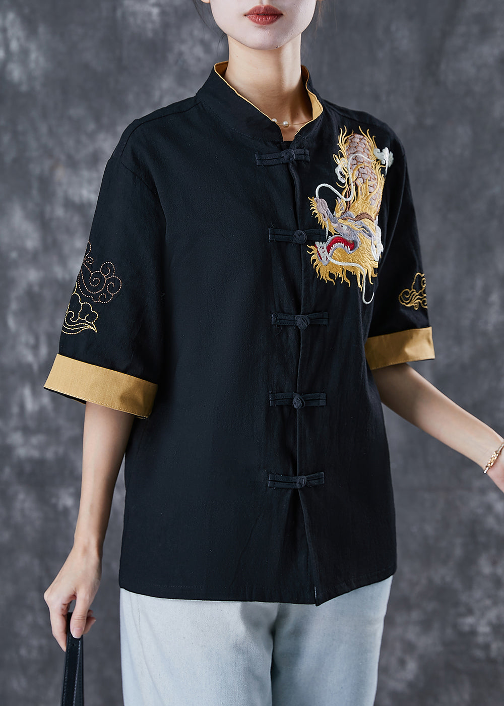 Black Linen Top Embroideried Chinese Button Short Sleeve