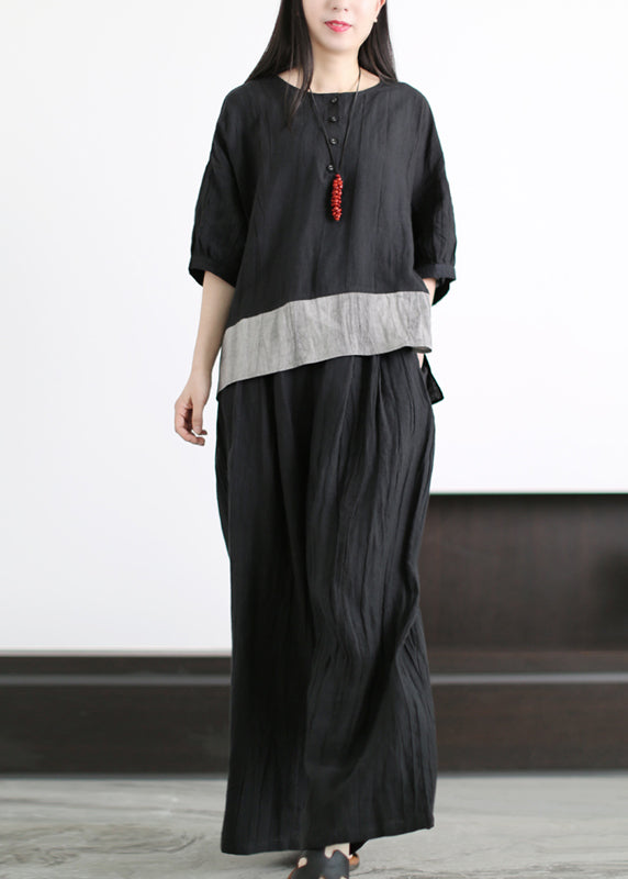 Black Linen Two Pieces Set Wrinkled Asymmetrical Half Sleeve