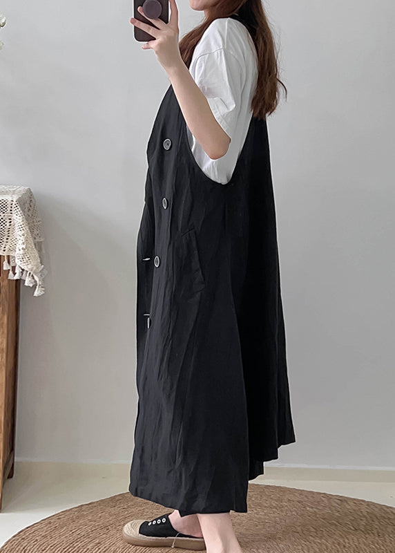 Black Loose Linen Long Vest Oversized Double Breast Fall