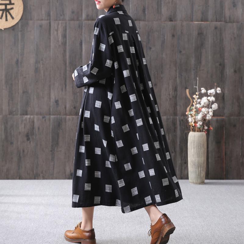 Black Loose cotton Long Shirts Organic Women Spring Small Square Printing Vintage Loose Dress - Omychic