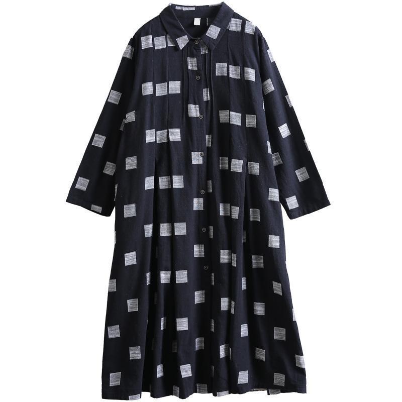 Black Loose cotton Long Shirts Organic Women Spring Small Square Printing Vintage Loose Dress - Omychic