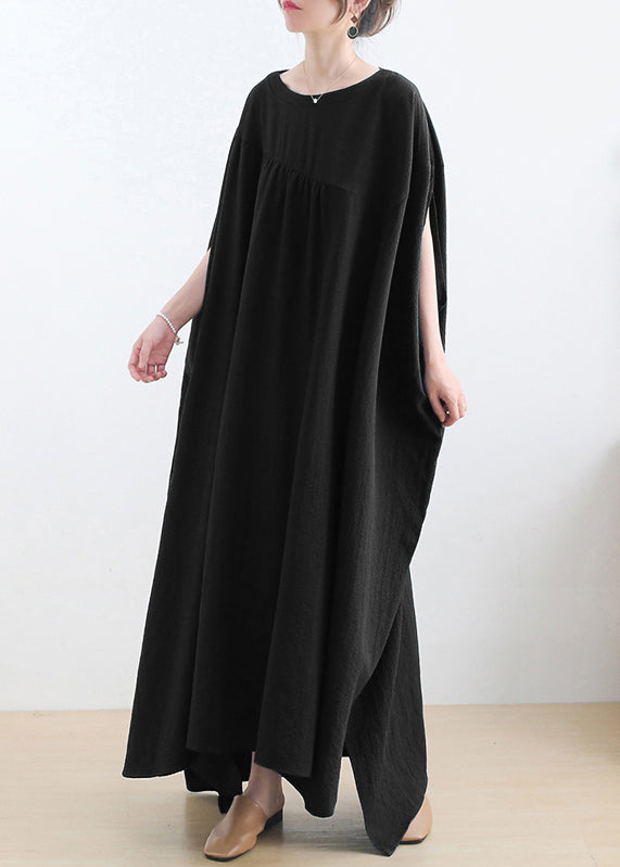 Black Low High Design Cotton Long Dress Short Sleeve