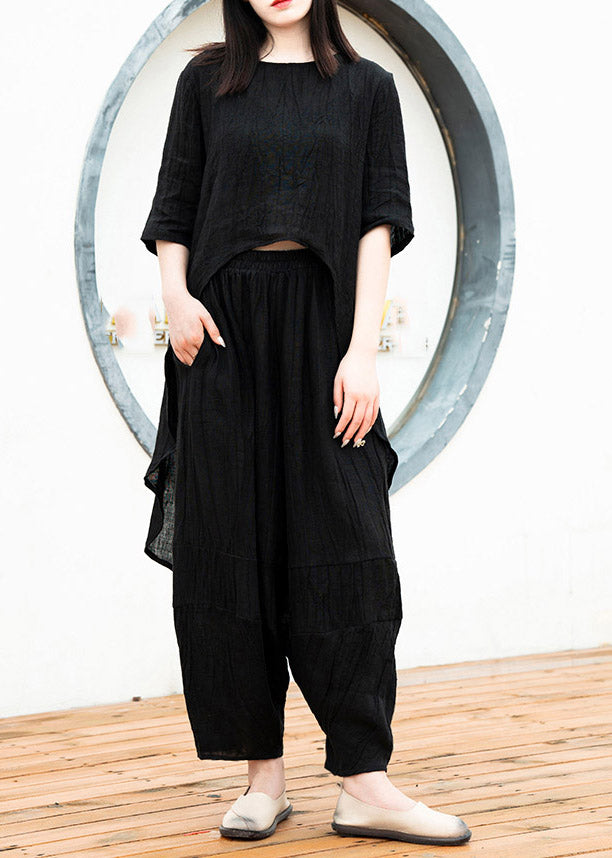 Black Low High Design Linen Tops And Crop Pants Two Pieces Set Summer
