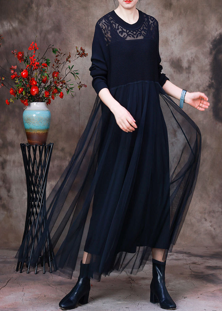 Black O-Neck Hollow Out Knit Dress Long Sleeve