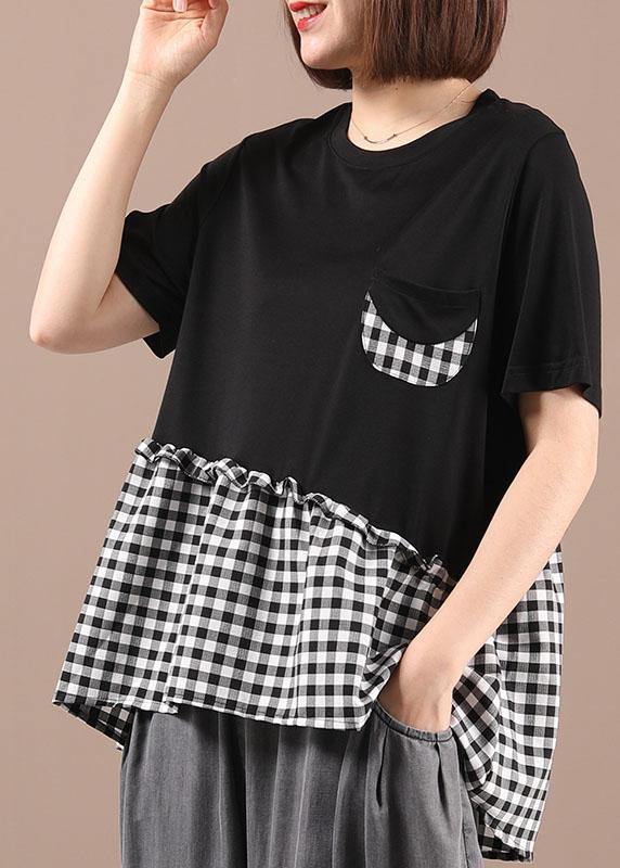 Black O-Neck Plaid Patchwork Summer Cotton Linen Shirts Short Sleeve - Omychic